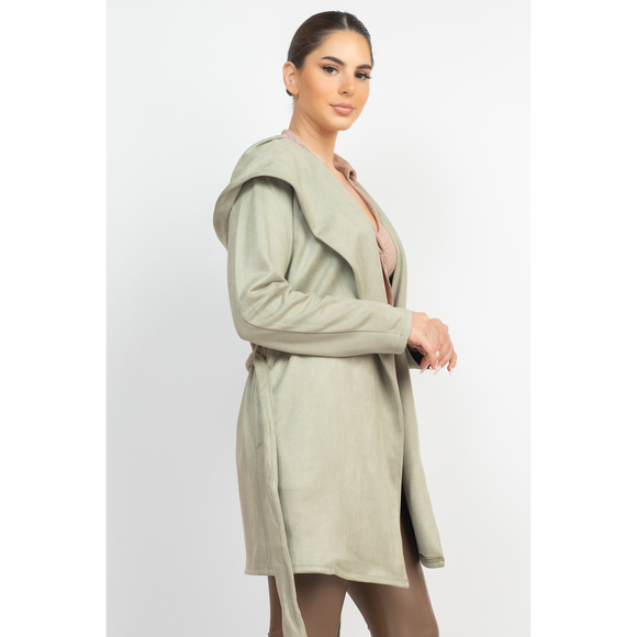 Suede Hooded Waist-tie Belt Jacket - Picture 2 of 7